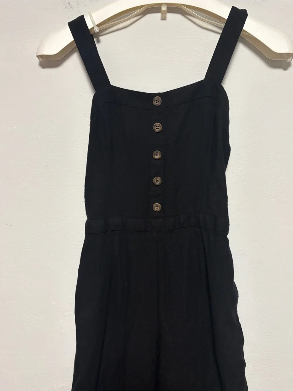 ZARA Black Linen Wide Leg Jumpsuit Button Front Square Neck Women’s XS